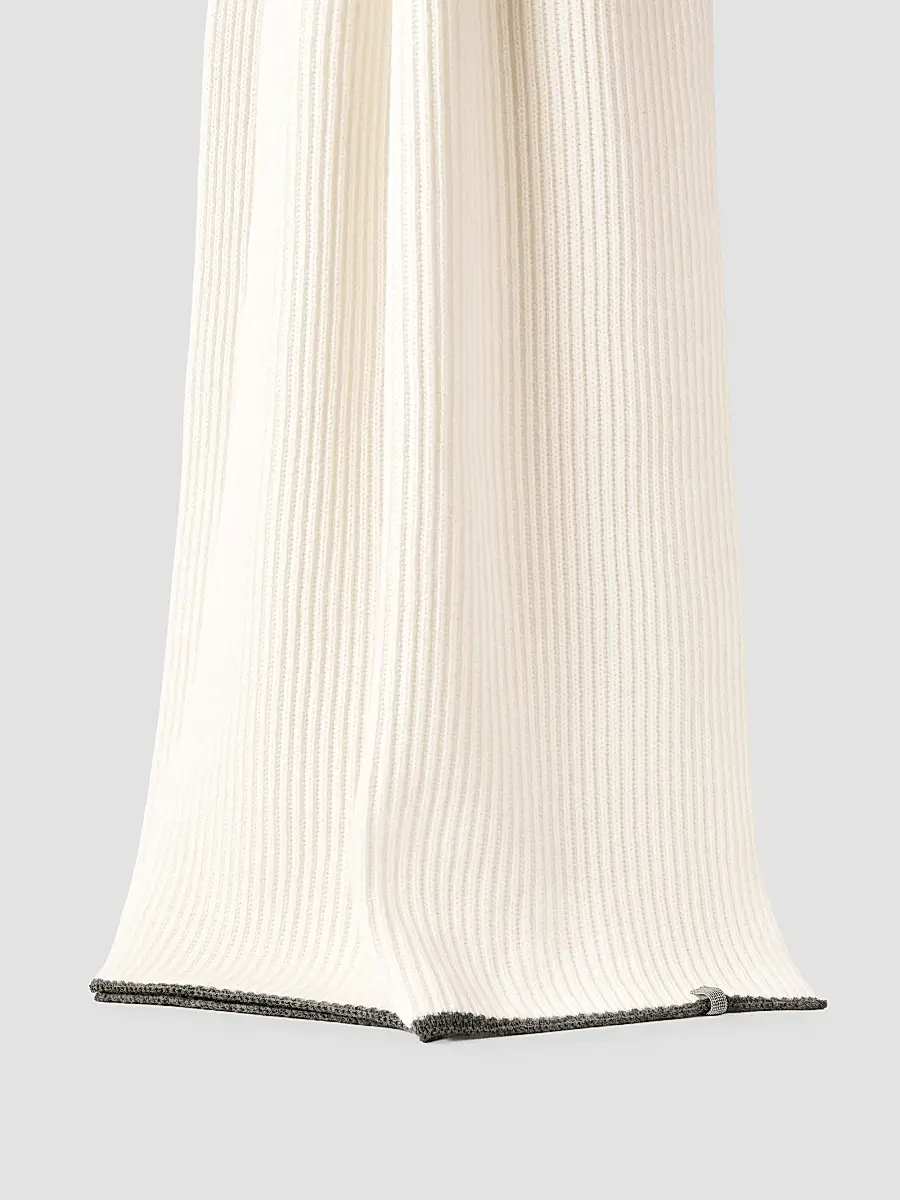 Brunello Cucinelli Women's Cashmere English Rib Knit Scarf with Monili - Panama | Thumbnail 2 Brunello Cucinelli Women's Cashmere English Rib Knit Scarf with Monili - Panama | Thumbnail 2