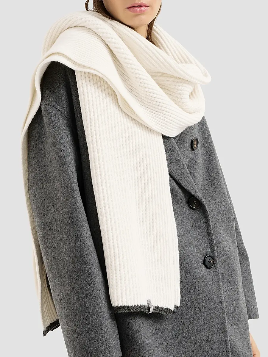 Brunello Cucinelli Women's Cashmere English Rib Knit Scarf with Monili - Panama | Thumbnail 4 Brunello Cucinelli Women's Cashmere English Rib Knit Scarf with Monili - Panama | Thumbnail 4