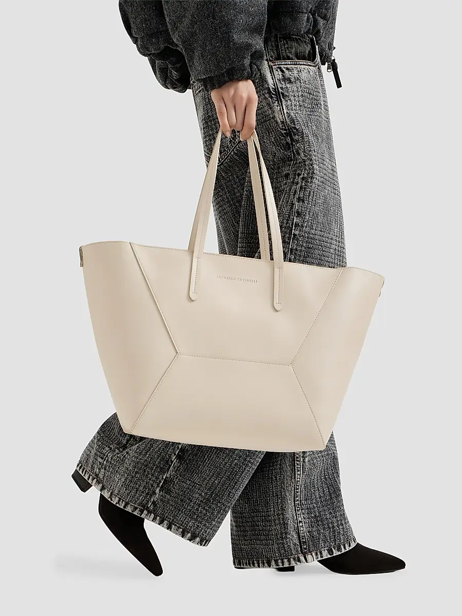 Brunello Cucinelli Women's Duo Tote Bag in Calfskin Leather with Monili - Ivory | Thumbnail 2 Brunello Cucinelli Women's Duo Tote Bag in Calfskin Leather with Monili - Ivory | Thumbnail 2
