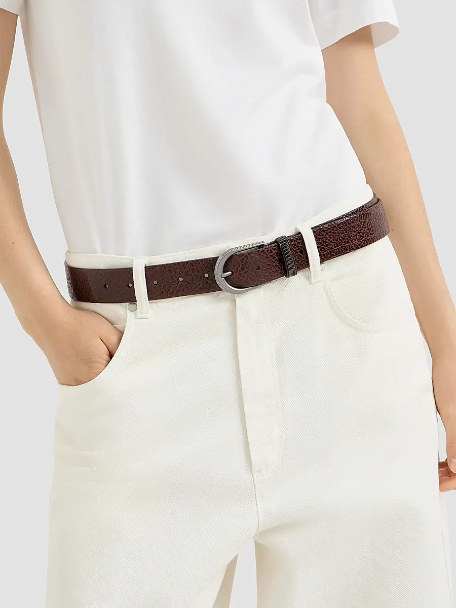 Brunello Cucinelli Women's Glossy Hammered Calfskin Belt with Monili - Brown | Thumbnail 2