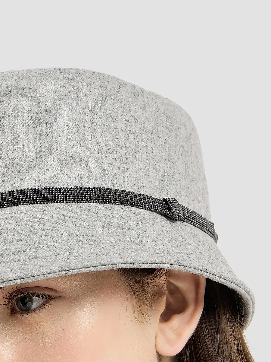 Brunello Cucinelli Women's Virgin Wool and Cashmere Flannel Bucket Hat with Shiny Band - Light Grey | Thumbnail 3 Brunello Cucinelli Women's Virgin Wool and Cashmere Flannel Bucket Hat with Shiny Band - Light Grey | Thumbnail 3