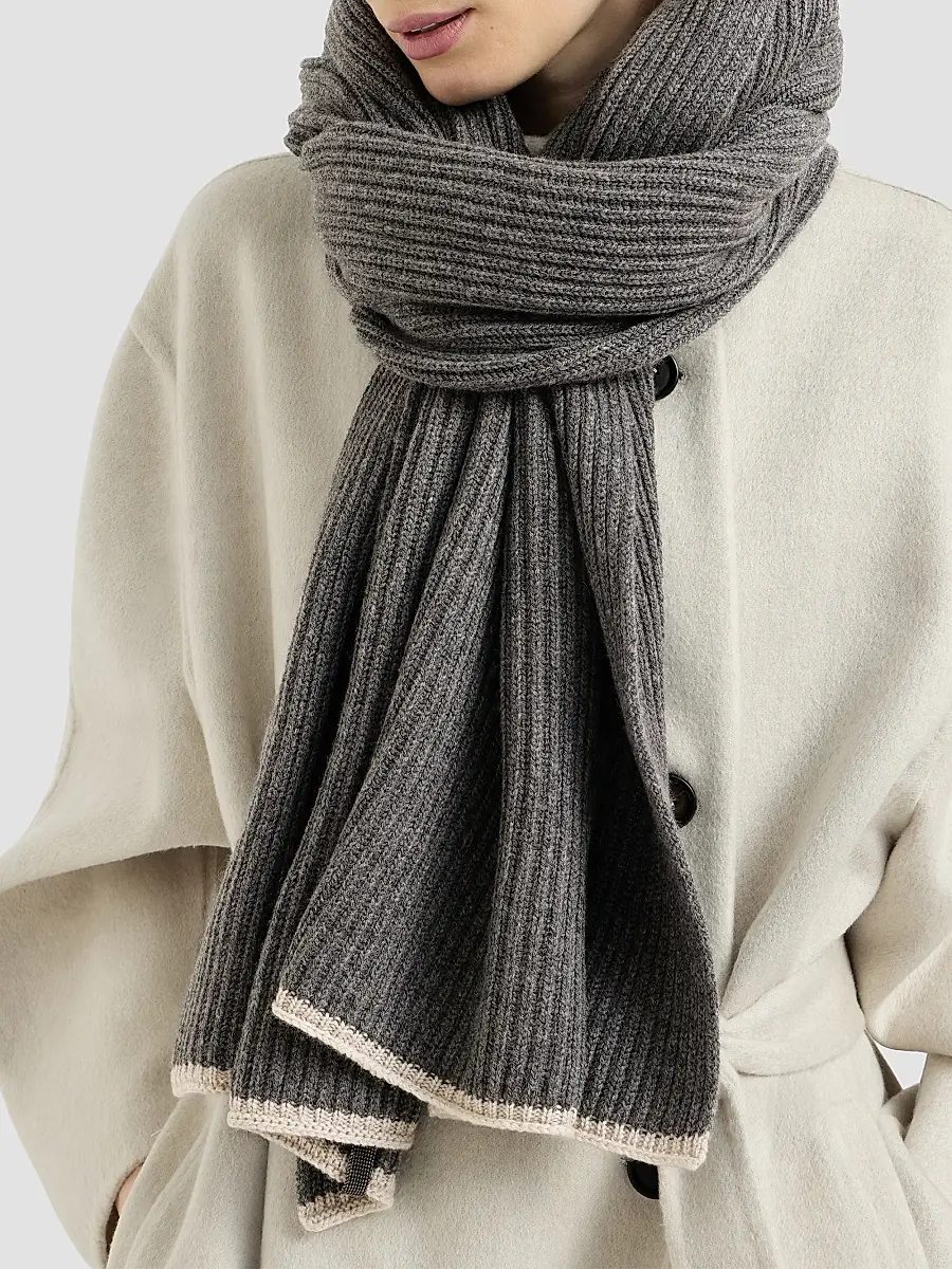 Brunello Cucinelli Women's Cashmere English Rib Knit Scarf with Monili - Lead | Thumbnail 4 Brunello Cucinelli Women's Cashmere English Rib Knit Scarf with Monili - Lead | Thumbnail 4
