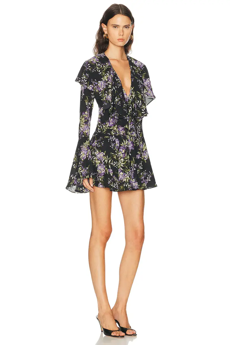 Norma Kamali Long Sleeve Deep V Ruffle Mini Dress | Thumbnail 2