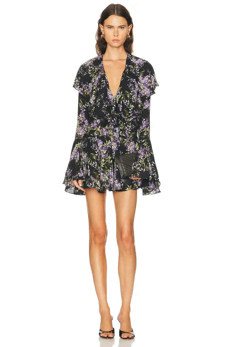 Norma Kamali Long Sleeve Deep V Ruffle Mini Dress | Image 1 Norma Kamali Long Sleeve Deep V Ruffle Mini Dress | Image 1
