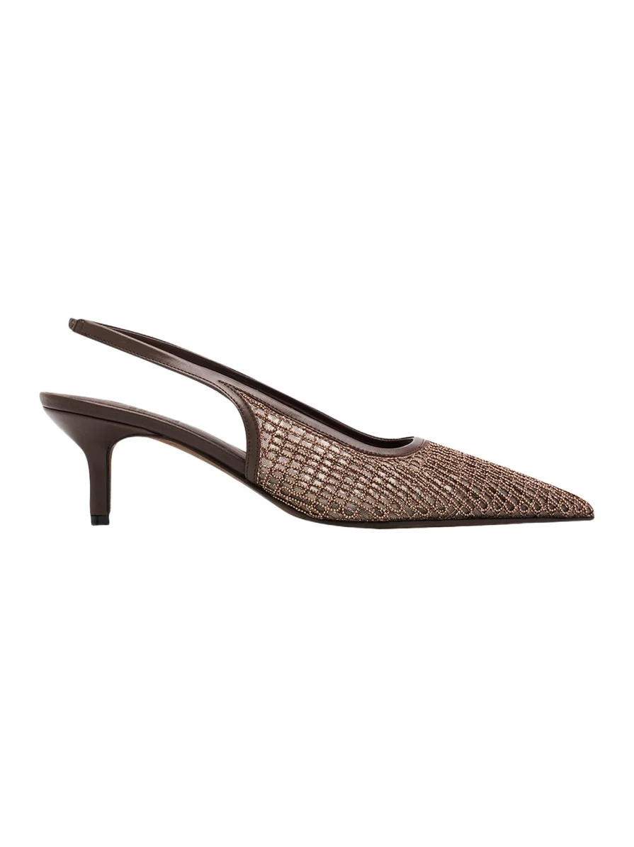 Brunello Cucinelli 55mm Monili Suede-Trimmed Slingback Pumps