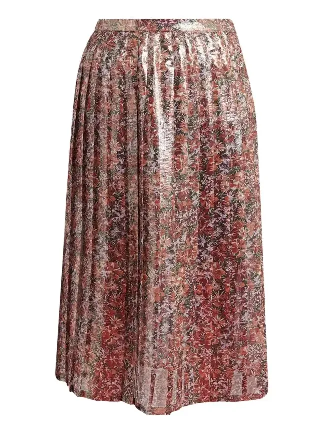Metallic Silk Floral Pleated Midi-Skirt