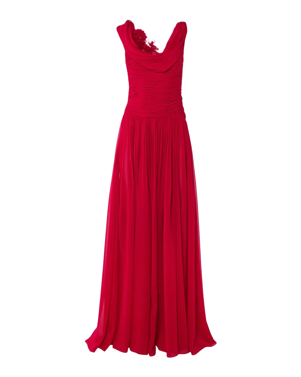 Flower Draped Off-The-Shoulder Silk Chiffon Gown