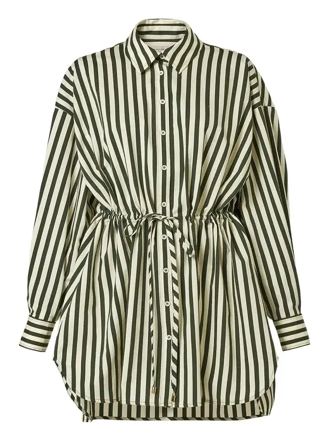 Striped Long-Sleeve Drawstring Mini Shirtdress