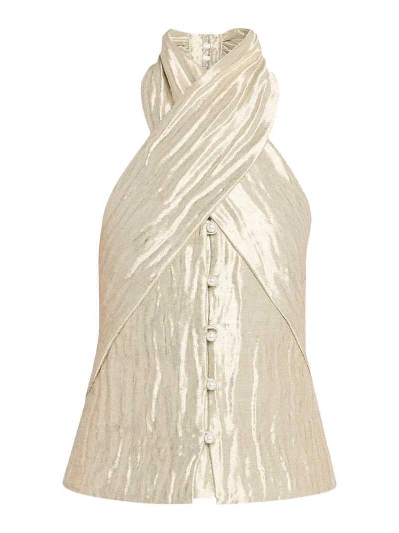 Rosie Assoulin Twisted Metallic Halter Top