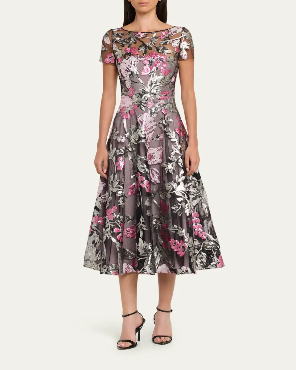 Naeem Khan Sequin Floral Short-Sleeved Tea Dress | Thumbnail 2