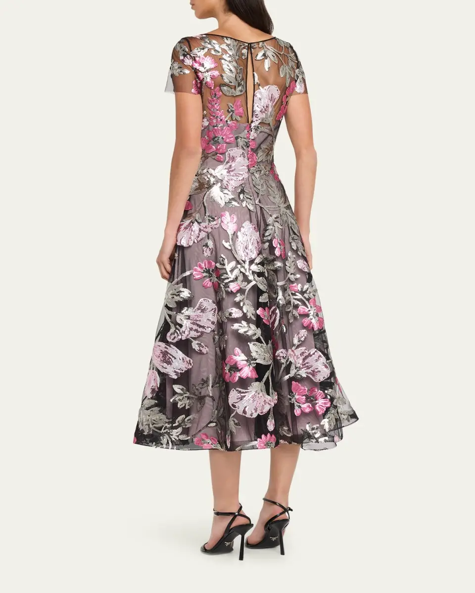 Naeem Khan Sequin Floral Short-Sleeved Tea Dress | Thumbnail 3