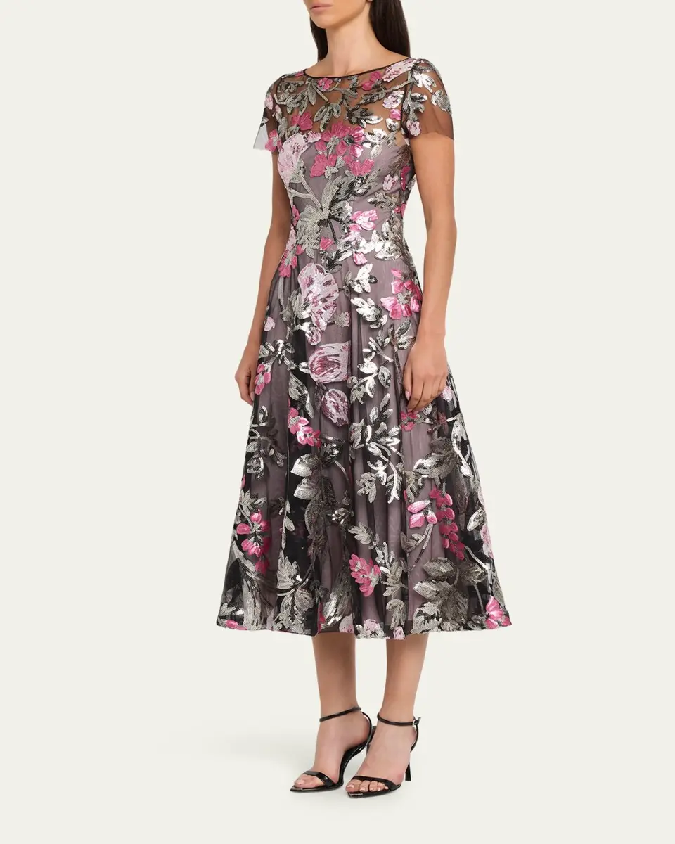 Naeem Khan Sequin Floral Short-Sleeved Tea Dress | Thumbnail 4