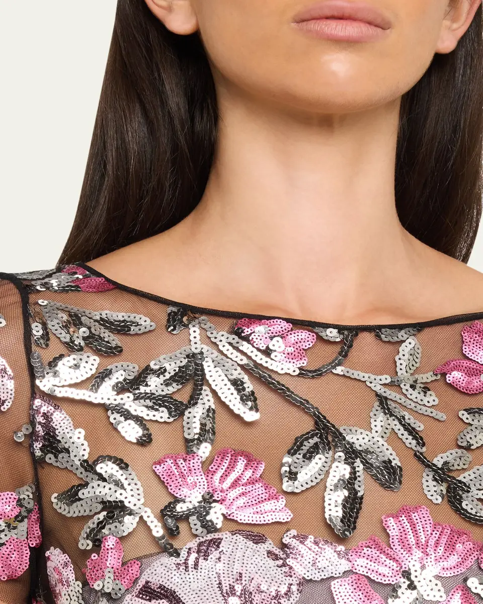 Naeem Khan Sequin Floral Short-Sleeved Tea Dress | Thumbnail 5