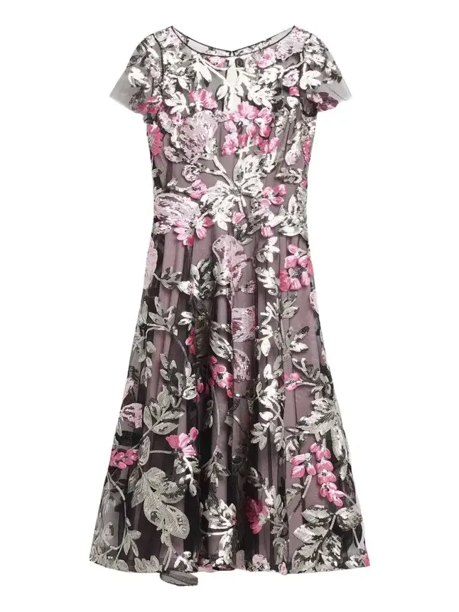 Sequin Floral Short-Sleeved Tea Dress