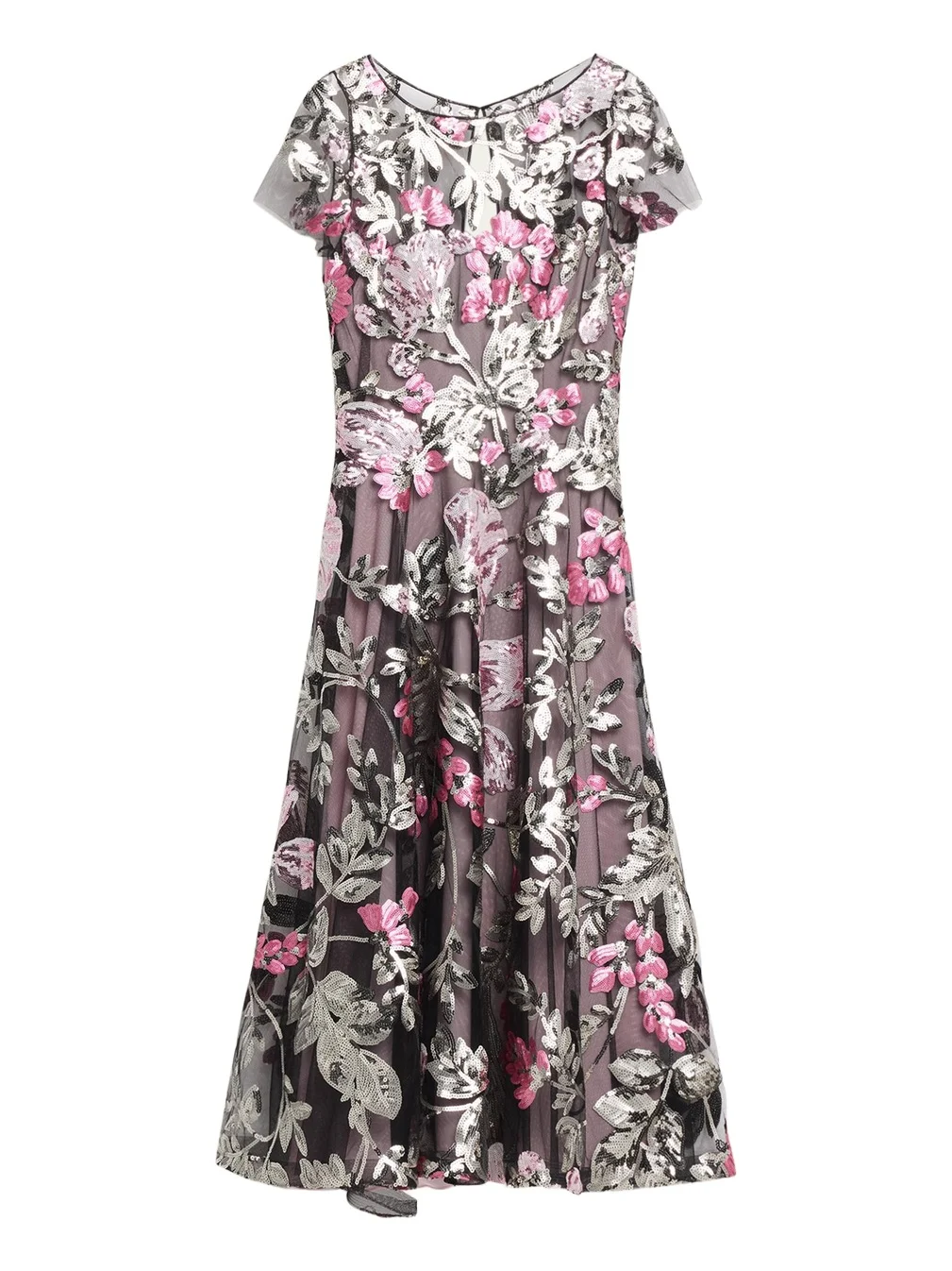 Naeem Khan Sequin Floral Short-Sleeved Tea Dress