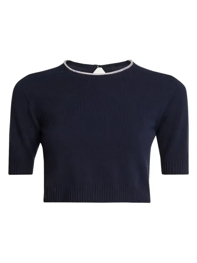 Crystal-Collar Cashmere Short-Sleeve Crop Sweater Crystal-Collar Cashmere Short-Sleeve Crop Sweater