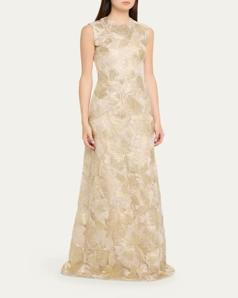 Reem Acra Metallic Floral Embroidered Sleeveless Gown | Thumbnail 4 Reem Acra Metallic Floral Embroidered Sleeveless Gown | Thumbnail 4