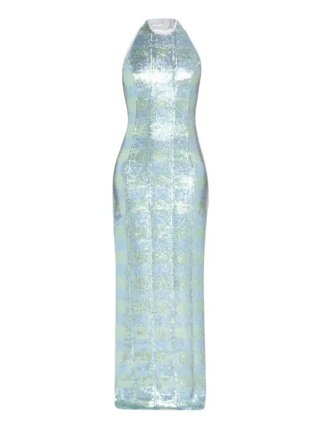 Nerine Gingham Sequined Halter Column Gown