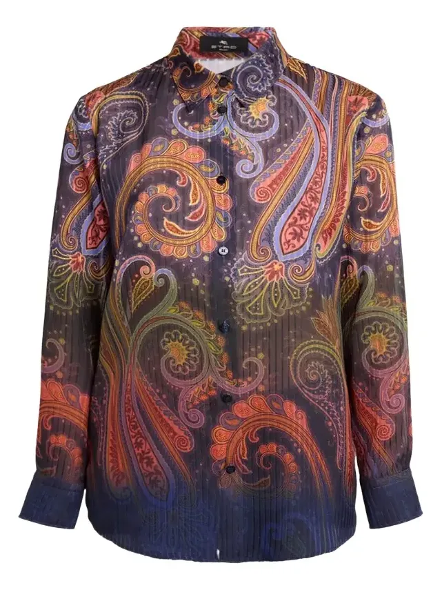 Ombre Paisley-Print Chiffon Button-Down Shirt