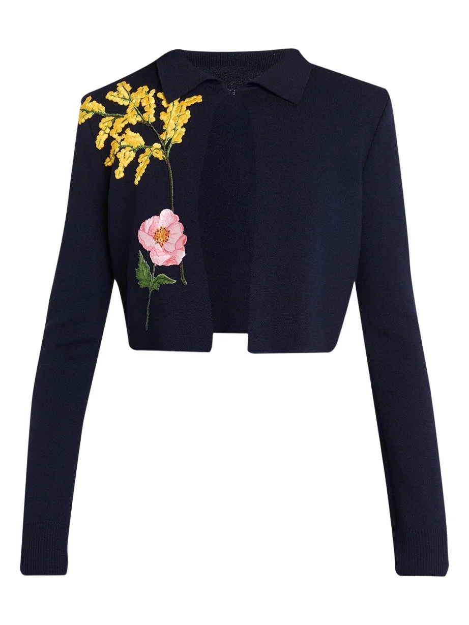 Floral Embroidered Wool Crop Collared Cardigan Floral Embroidered Wool Crop Collared Cardigan