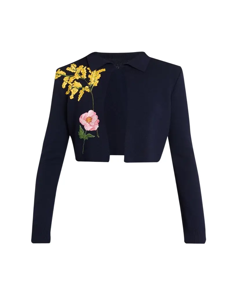 Oscar de la Renta Floral Embroidered Wool Crop Collared Cardigan | Image 1 Oscar de la Renta Floral Embroidered Wool Crop Collared Cardigan | Image 1