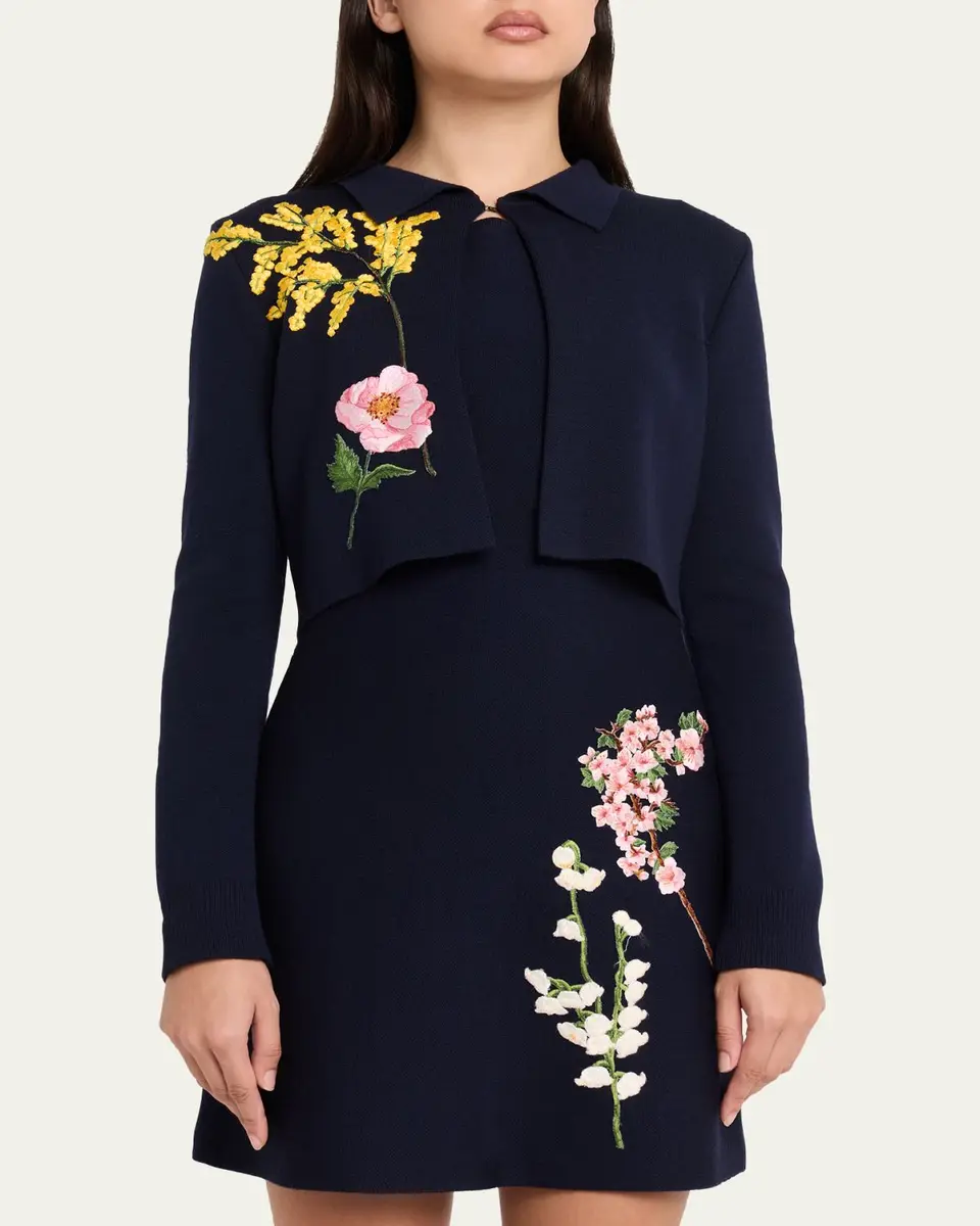 Oscar de la Renta Floral Embroidered Wool Crop Collared Cardigan | Thumbnail 4 Oscar de la Renta Floral Embroidered Wool Crop Collared Cardigan | Thumbnail 4