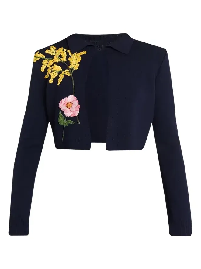 Floral Embroidered Wool Crop Collared Cardigan