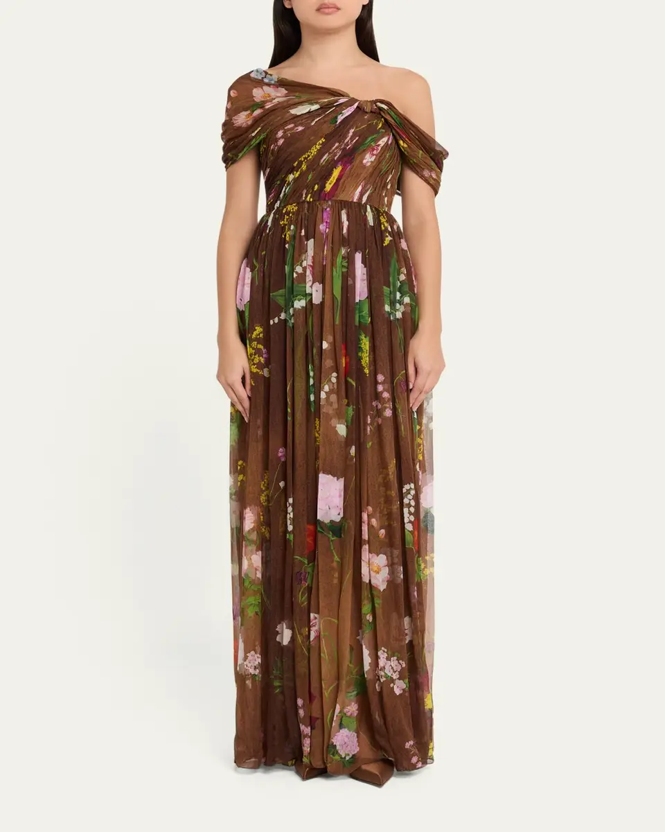 Oscar de la Renta One-Shoulder Mixed Botanical Silk Chiffon Gown | Thumbnail 2 Oscar de la Renta One-Shoulder Mixed Botanical Silk Chiffon Gown | Thumbnail 2