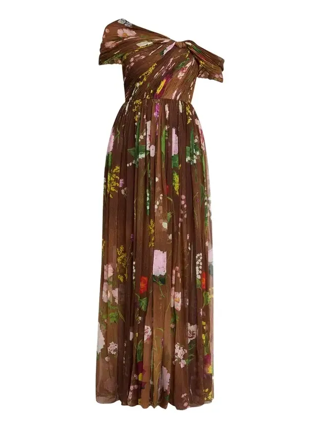 One-Shoulder Mixed Botanical Silk Chiffon Gown