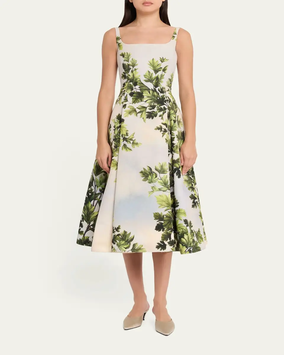 Oscar de la Renta Sleeveless Foliage-Print Faille Square-Neck Midi Dress | Thumbnail 2 Oscar de la Renta Sleeveless Foliage-Print Faille Square-Neck Midi Dress | Thumbnail 2