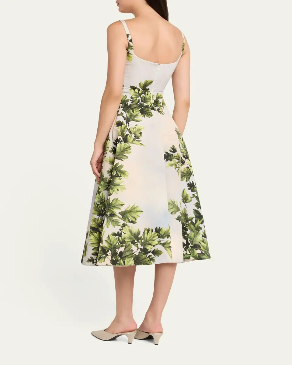 Oscar de la Renta Sleeveless Foliage-Print Faille Square-Neck Midi Dress | Thumbnail 3 Oscar de la Renta Sleeveless Foliage-Print Faille Square-Neck Midi Dress | Thumbnail 3
