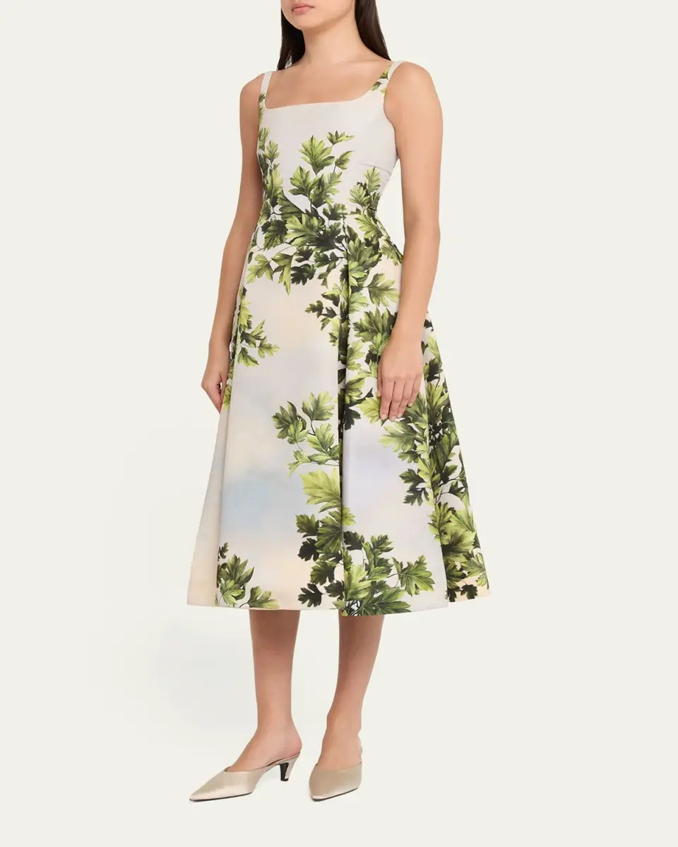 Oscar de la Renta Sleeveless Foliage-Print Faille Square-Neck Midi Dress | Thumbnail 4 Oscar de la Renta Sleeveless Foliage-Print Faille Square-Neck Midi Dress | Thumbnail 4