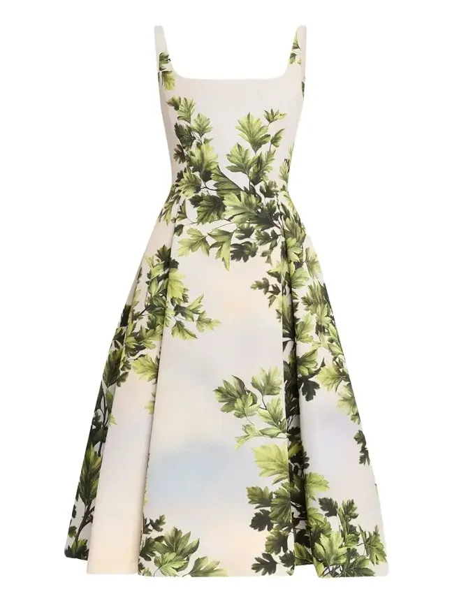 Sleeveless Foliage-Print Faille Square-Neck Midi Dress Sleeveless Foliage-Print Faille Square-Neck Midi Dress