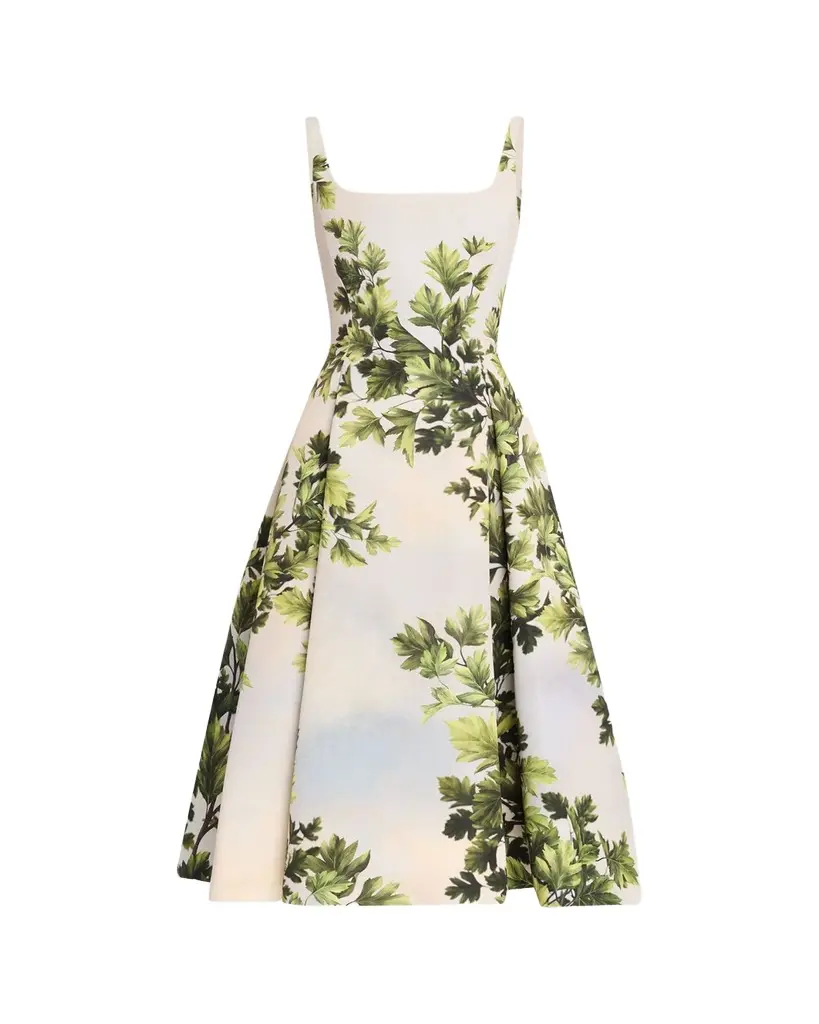 Sleeveless Foliage-Print Faille Square-Neck Midi Dress Sleeveless Foliage-Print Faille Square-Neck Midi Dress