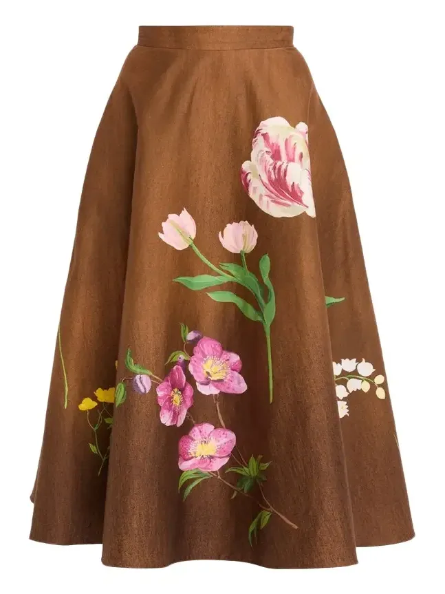 Mixed Botanical Print Cotton Midi Skirt