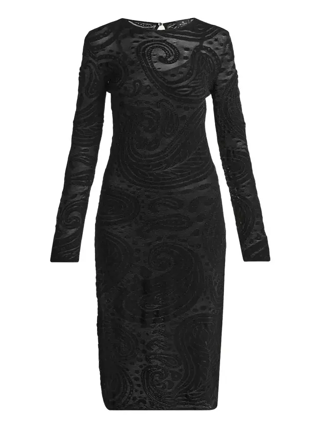 Sheer Paisley Knit Long-Sleeve Midi Dress