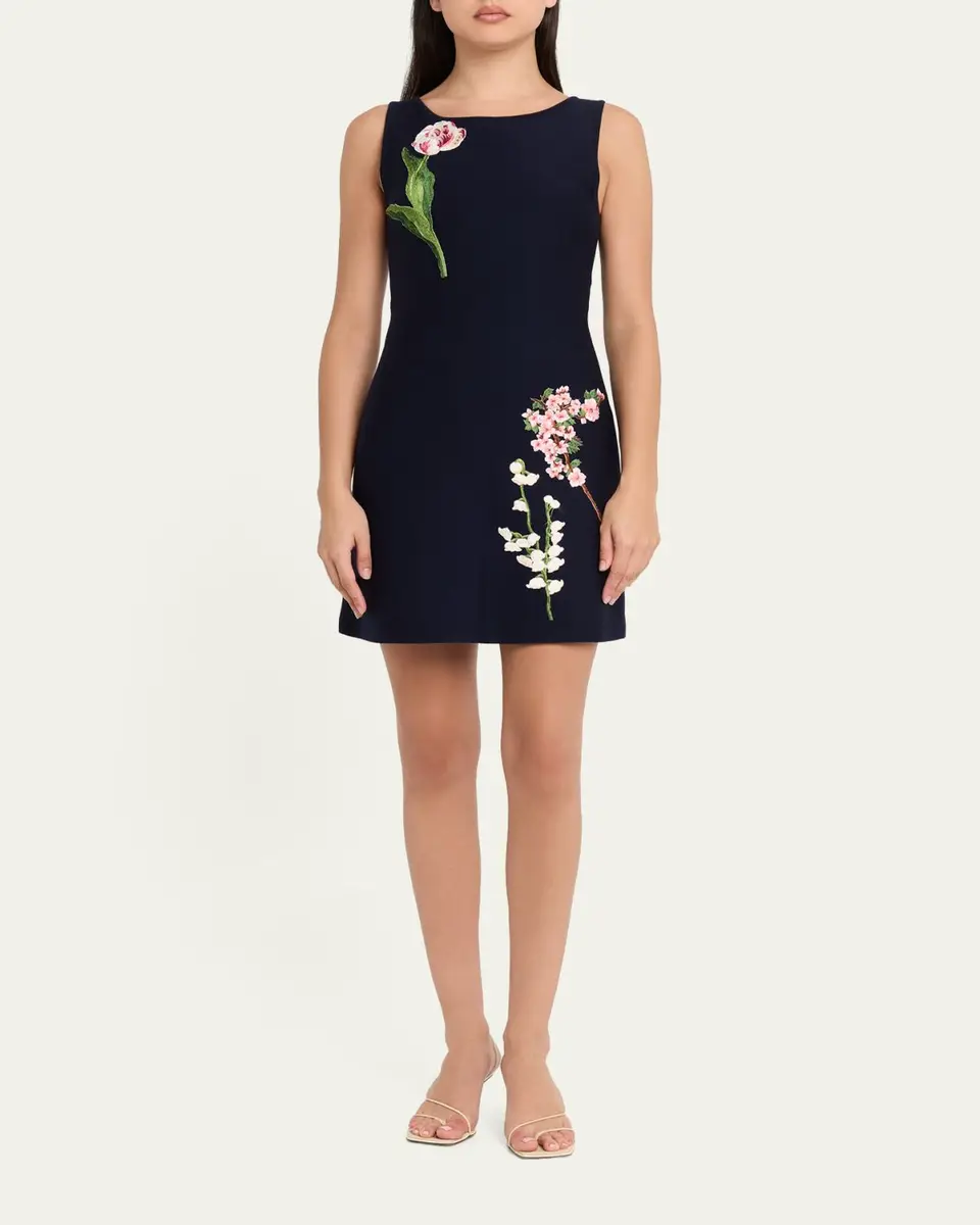 Oscar de la Renta Sleeveless Floral Embroidered Wool Knit Mini Dress | Thumbnail 2 Oscar de la Renta Sleeveless Floral Embroidered Wool Knit Mini Dress | Thumbnail 2