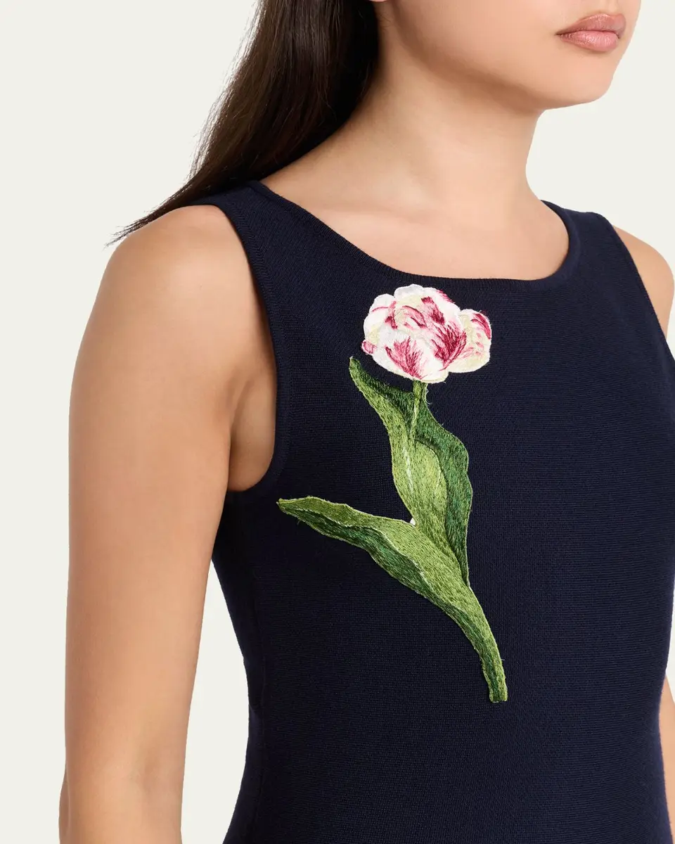 Oscar de la Renta Sleeveless Floral Embroidered Wool Knit Mini Dress | Thumbnail 5 Oscar de la Renta Sleeveless Floral Embroidered Wool Knit Mini Dress | Thumbnail 5