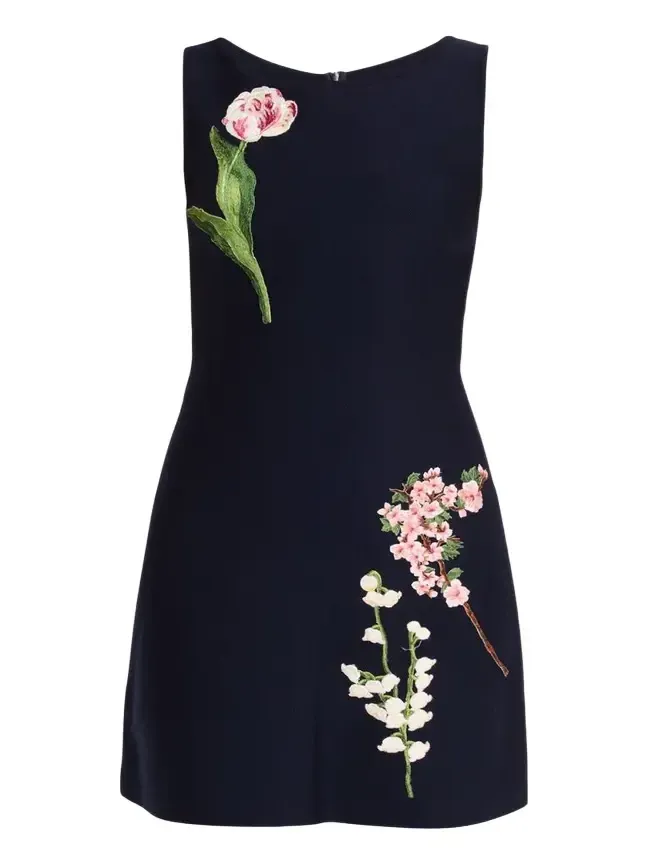 Sleeveless Floral Embroidered Wool Knit Mini Dress Sleeveless Floral Embroidered Wool Knit Mini Dress