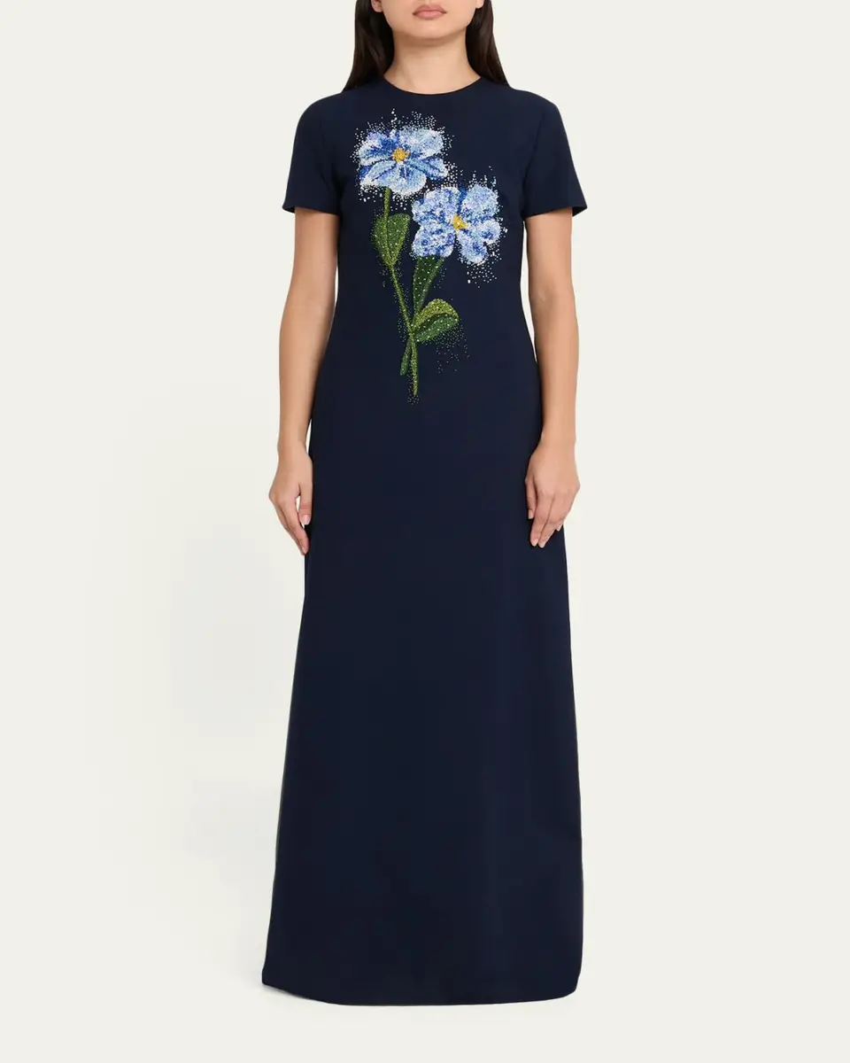 Oscar de la Renta Floral Beaded Short-Sleeve A-Line Gown | Thumbnail 2