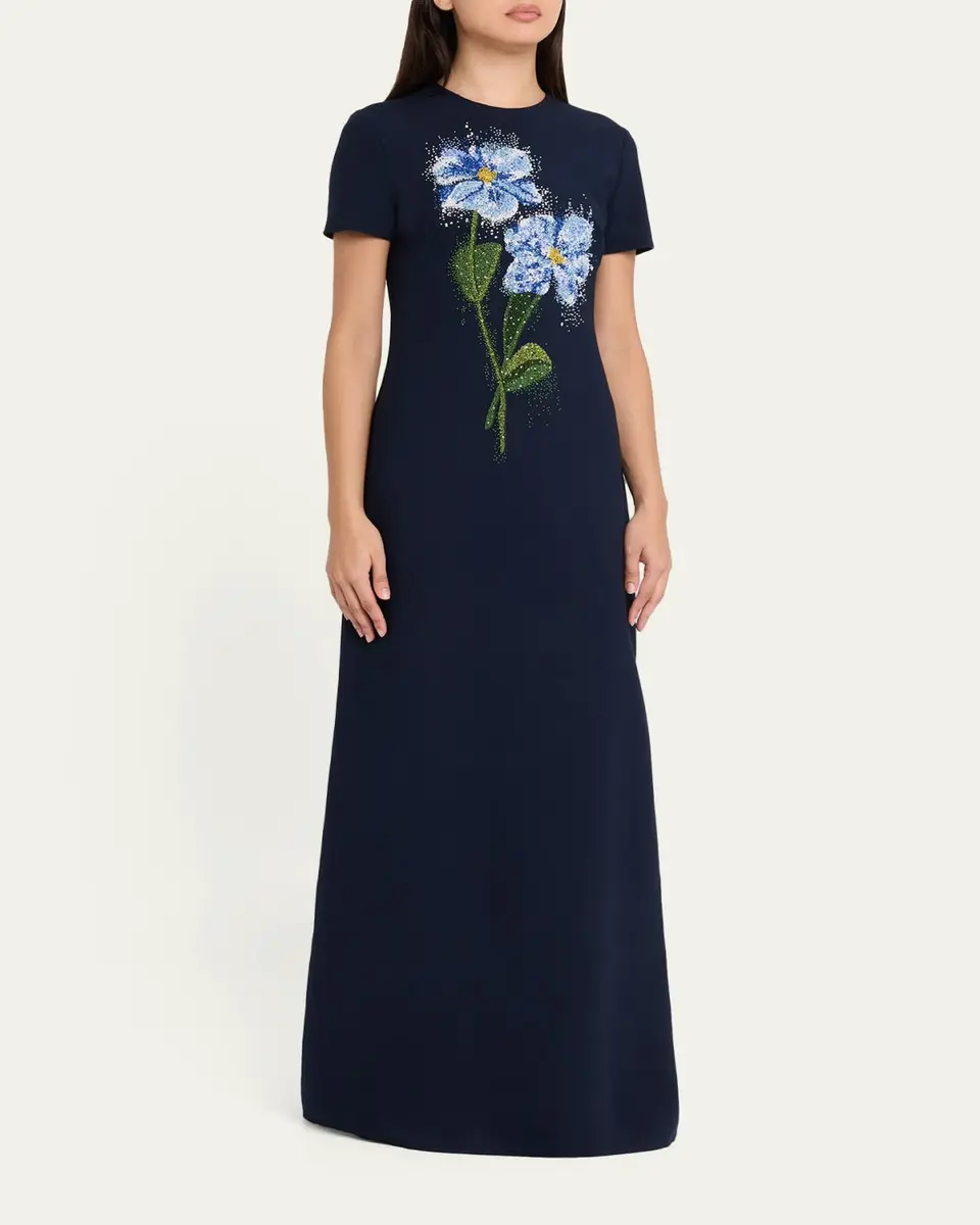 Oscar de la Renta Floral Beaded Short-Sleeve A-Line Gown | Thumbnail 4