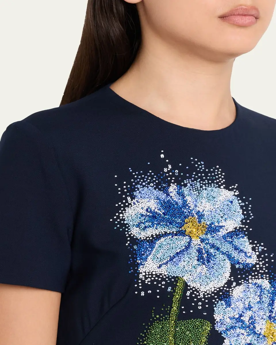 Oscar de la Renta Floral Beaded Short-Sleeve A-Line Gown | Thumbnail 5