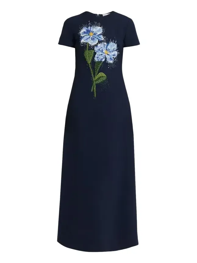 Floral Beaded Short-Sleeve A-Line Gown