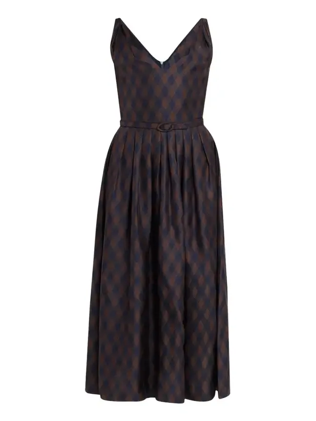 Sleeveless Argyle Silk Belted Midi Dress