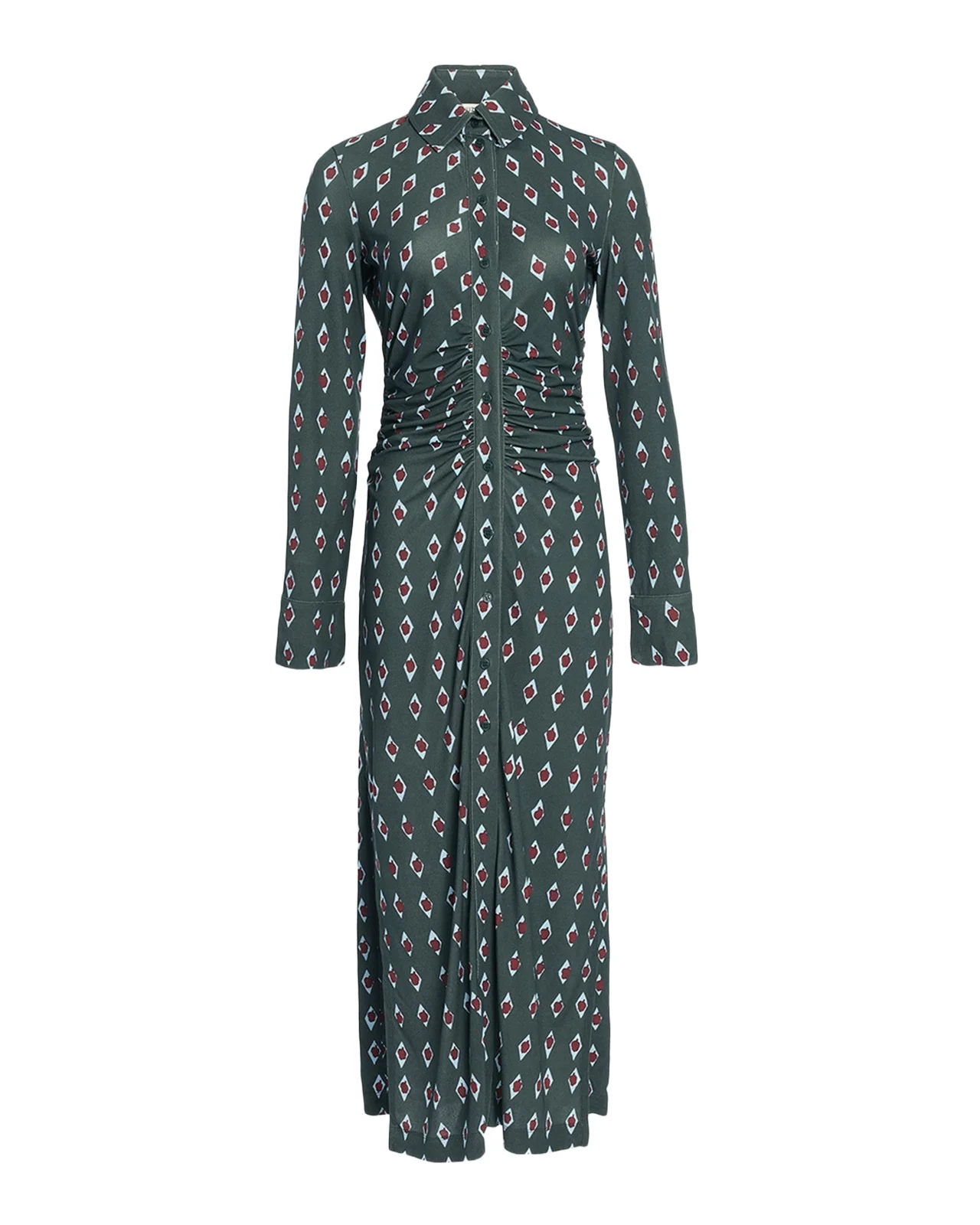 Altuzarra Claudia Diamond-Print Long-Sleeve Ruched Midi Shirtdress