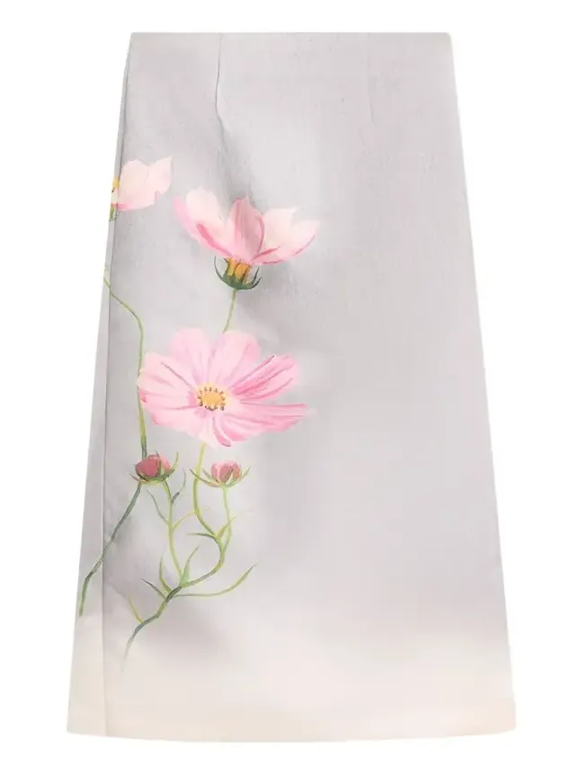 Cosmos Flower-Print Satin Midi Skirt