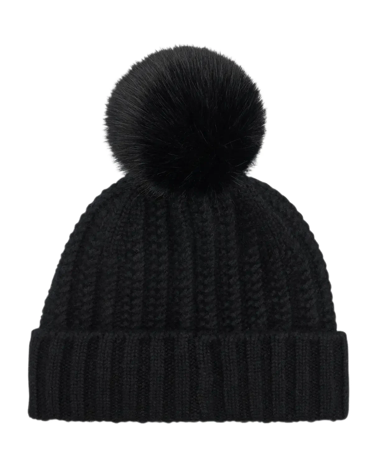 Braided Knit Cashmere Beanie With Faux Fur Pom Braided Knit Cashmere Beanie With Faux Fur Pom