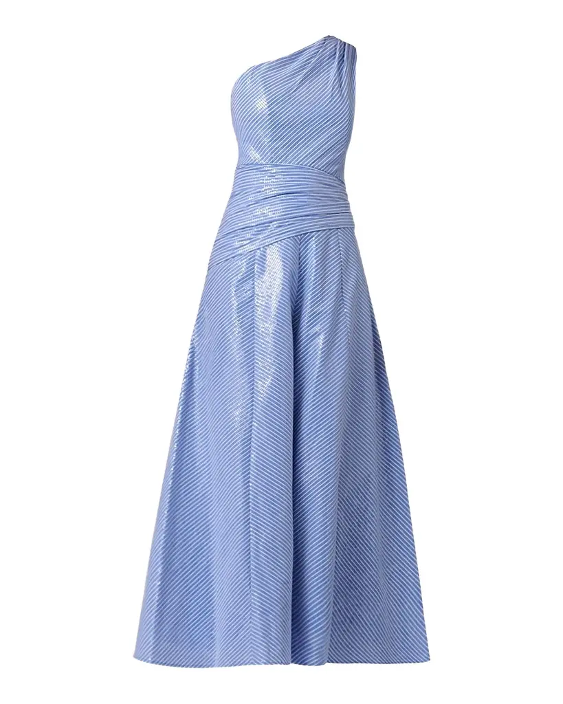 Nikki Sequined Striped One-Shoulder Gown Nikki Sequined Striped One-Shoulder Gown