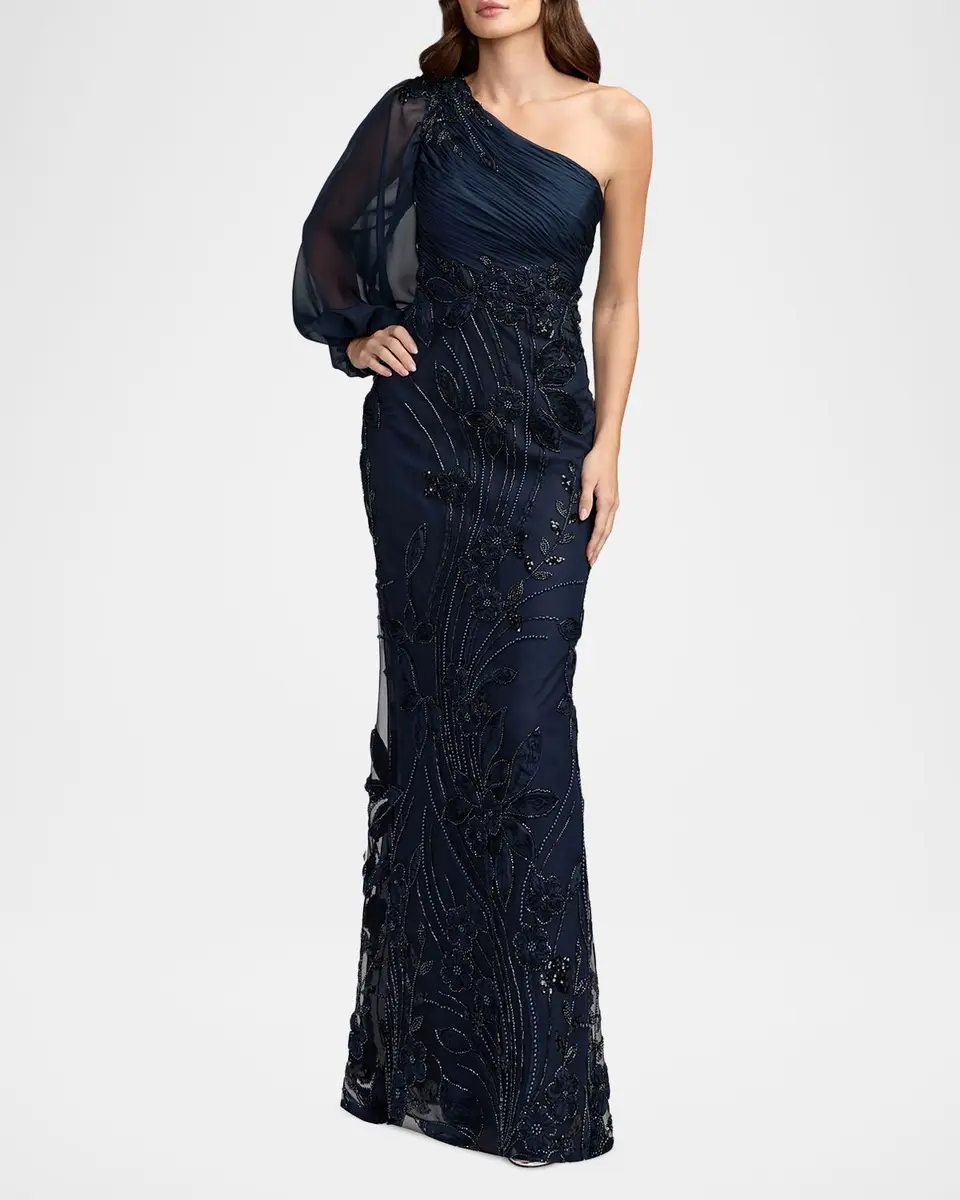 Mac Duggal Floral Appliqué Chiffon Trumpet One-Shoulder Gown | Thumbnail 2