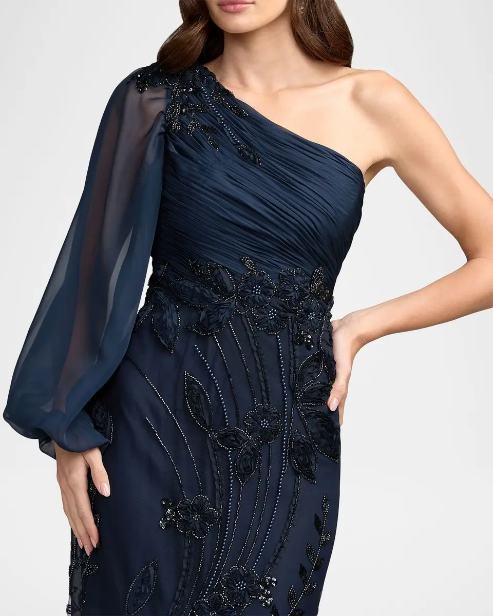 Mac Duggal Floral Appliqué Chiffon Trumpet One-Shoulder Gown | Thumbnail 4